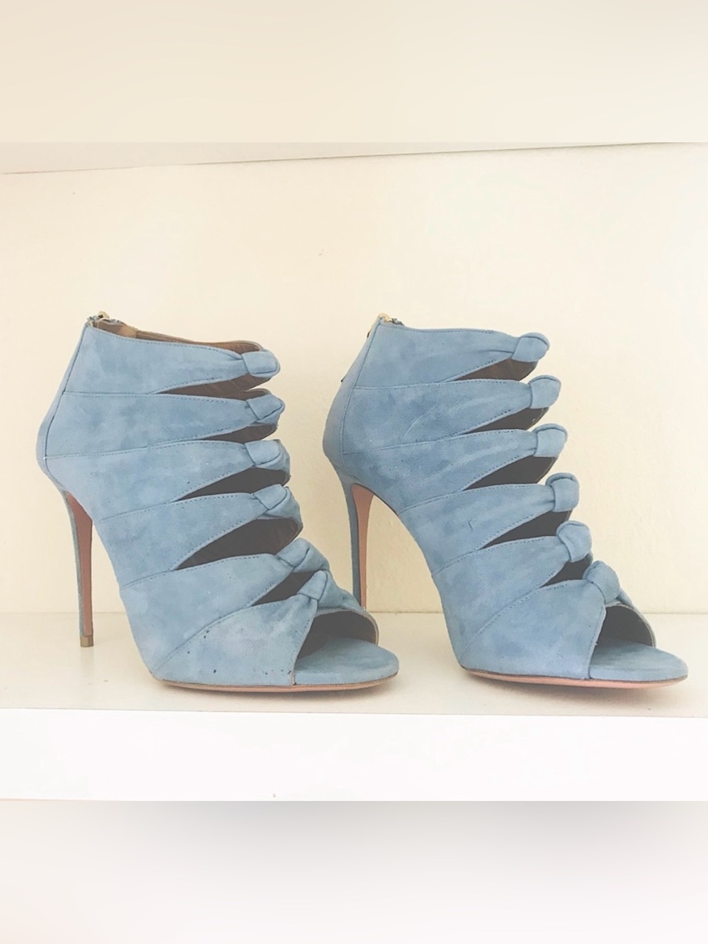 Aquazzura Light Blue Suede Peep Toe Ankle Bootie  Heels